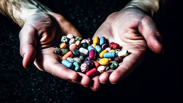 A hand is holding a bunch of pills, some of which are multicolored. Concept of responsibility and care, as the person is holding the pills to ensure they are taken correctly