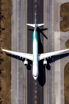 A white airplane is flying over a runway. Concept of freedom and adventure, as the airplane soars through the sky. The vastness of the runway