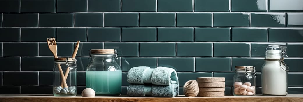 A bathroom shelf with a variety of items including a bottle of blue liquid, a jar of lotion, a jar of cream, a jar of soap, a jar of shampoo, a jar of conditioner, a jar of lotion, a jar