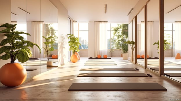 A large room with a lot of greenery and a lot of windows. The room is very open and spacious. yoga room