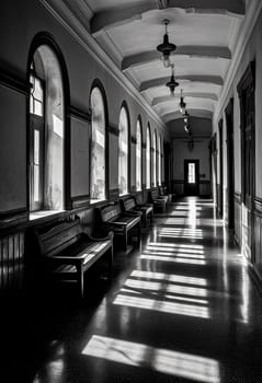 A lengthy corridor featuring a central bench illuminated by a beam of light, casting a serene ambiance in the otherwise dimly lit space.
