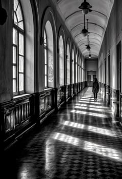 A long hallway with a person walking down it. The hallway is very long and has a lot of windows