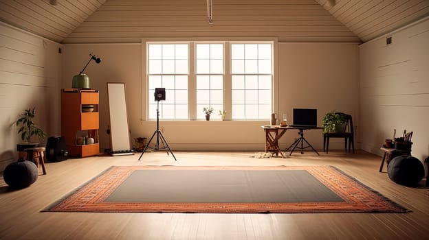 A room with a guitar, a microphone, and a camera. The room is bright and sunny, and there are two people in the room