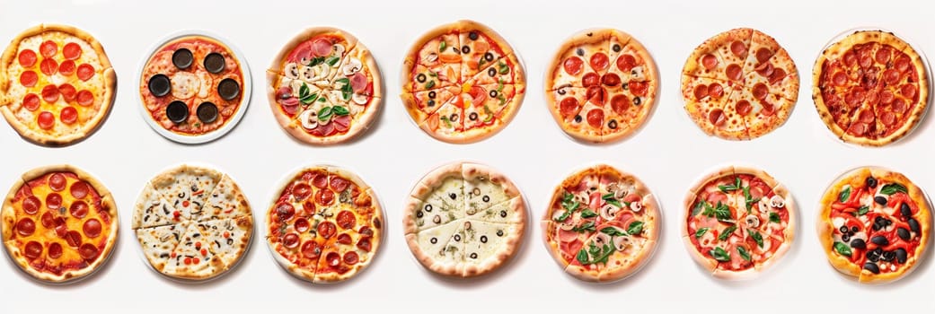 Various types of pizzas are displayed on a white surface, showing different toppings and sizes.