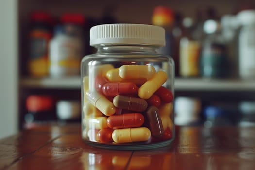 A glass jar filled with various pills sits atop a wooden table, showcasing a collection of medication.