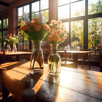 Two vases of flowers sit on a wooden table in a restaurant. The vases are filled with orange flowers and are placed in front of a window, allowing sunlight to shine on them. The scene creates a warm