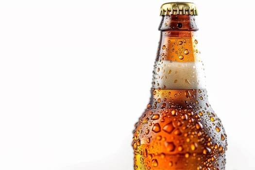 A detailed view of a bottle of beer, showcasing the label, condensation, and texture of the glass.