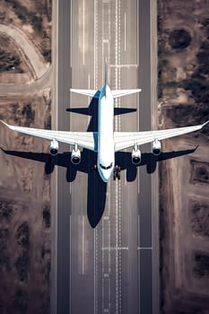 A white airplane is flying over a runway. Concept of freedom and adventure, as the airplane soars through the sky. The vastness of the runway