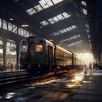 A stationary train sits at the bustling station, passengers stroll around, adding life to the scene, illustrating the vibrant activity of a busy transportation hub.