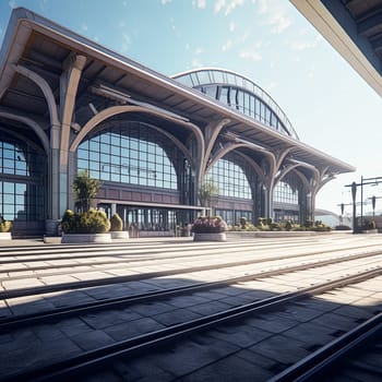 A large train station with a glass roof and a large glass window. The train station is empty and the sky is clear