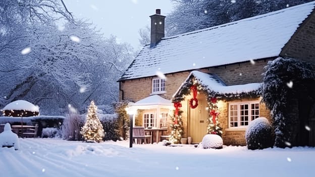 Christmas in the countryside, cottage and garden decorated for holidays on a snowy winter evening with snow and holiday lights, English country styling inspiration