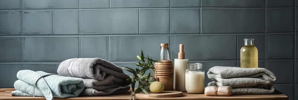 A bathroom counter with a variety of items including towels, a bottle of lotion, and a bottle of oil