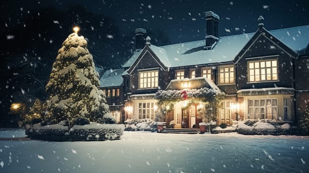 Christmas in the countryside manor, English country house mansion decorated for holidays on a snowy winter evening with snow and holiday lights, Merry Christmas and Happy Holidays design