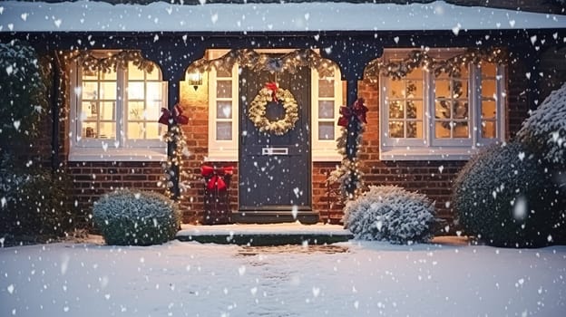 Christmas in the countryside, cottage and garden decorated for holidays on a snowy winter evening with snow and holiday lights, English country styling inspiration