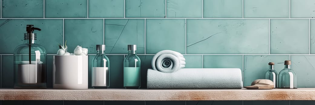 A bathroom shelf with a blue tile background and a white towel on it. The shelf has a few bottles and a soap dish