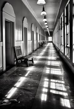 A long hallway with a bench in the middle. The hallway is dark and the light is coming from the windows