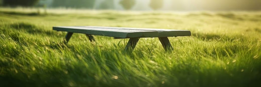 A wooden bench sits in a lush green field. The bench is empty and the grass is tall and green. The scene is peaceful and serene, with the sun shining down on the grass and the bench