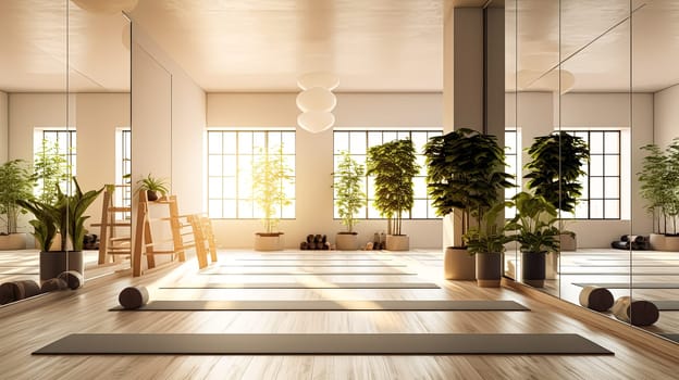 A large room with a lot of greenery and a lot of windows. The room is very open and spacious. yoga room