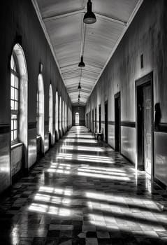 A long hallway with a few windows and a bench. The hallway is very long and has a lot of light coming in from the windows