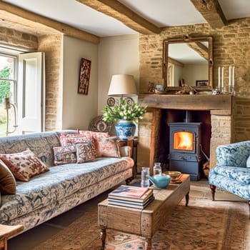 Cottage interior with modern design and antique furniture, home decor, sitting room and living room, sofa and fireplace in English country house and countryside style interiors