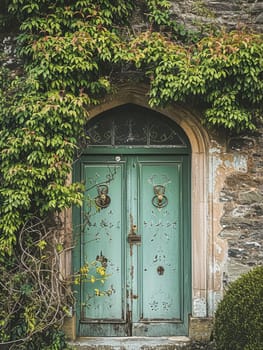 Entrance to a historic manor, framed by antique architectural elements and flanked by potted topiaries, features an aged door, the surrounding ivy and stonework add to the timeless elegance of the property