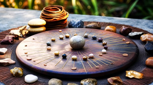 A round wooden board with a large stone in the center and many other stones around it. The stones are of different sizes and colors, and the board is surrounded by a circle of rocks