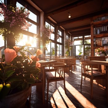 A restaurant with a lot of chairs and tables. The tables are empty and the chairs are arranged around them. There are potted plants in the room, and the sunlight is shining through the windows