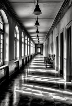 A long hallway with a few chairs and lamps. The hallway is empty and the light is shining on the floor