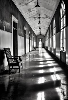 A lengthy corridor featuring a central bench illuminated by a beam of light, casting a serene ambiance in the otherwise dimly lit space.