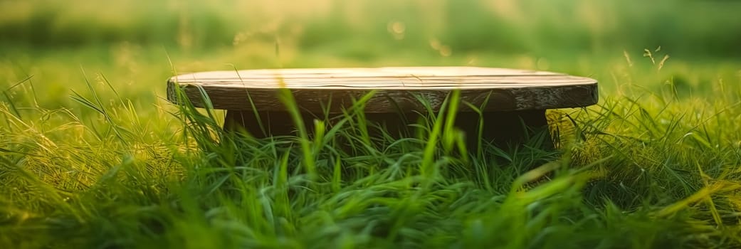 A wooden bench sits in a lush green field. The bench is surrounded by tall grass and the sun is shining brightly on it. The scene is peaceful and serene, with the bench providing a place to sit