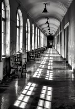 A lengthy corridor featuring a central bench illuminated by a beam of light, casting a serene ambiance in the otherwise dimly lit space.