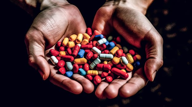 A hand is holding a bunch of pills, some of which are multicolored. Concept of responsibility and care, as the person is holding the pills to ensure they are taken correctly