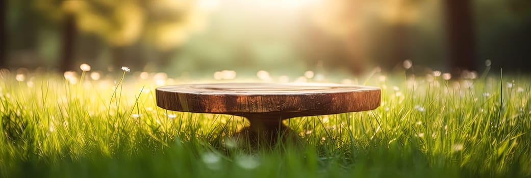 A wooden table is sitting in a field of grass. The table is empty and surrounded by flowers. The scene is peaceful and serene, with the sun shining brightly on the grass and flowers