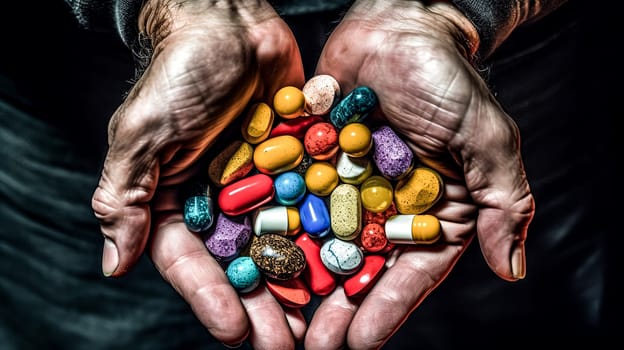 A hand is holding a bunch of pills, some of which are multicolored. Concept of responsibility and care, as the person is holding the pills to ensure they are taken correctly