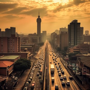 A busy city street with a tall building in the background. The sky is orange and the sun is setting