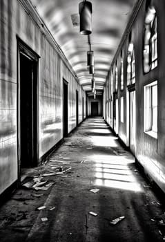 A long hallway with a few doors and windows. The hallway is dark and empty. Scene is eerie and desolate