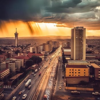 A city street with a large building in the background. The sky is cloudy and the sun is setting