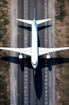 A white airplane is flying over a runway. Concept of freedom and adventure, as the airplane soars through the sky. The vastness of the runway