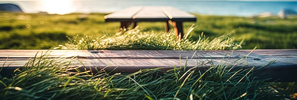 A wooden bench is covered in grass and is located near a body of water