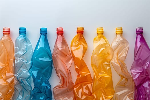 A series of vibrant plastic bottles lined up in a row next to each other.