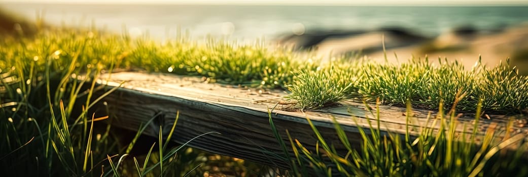 A wooden bench is covered in grass and is located near the ocean. The grass is lush and green, and the bench is surrounded by a beautiful beach scene. Concept of tranquility and relaxation