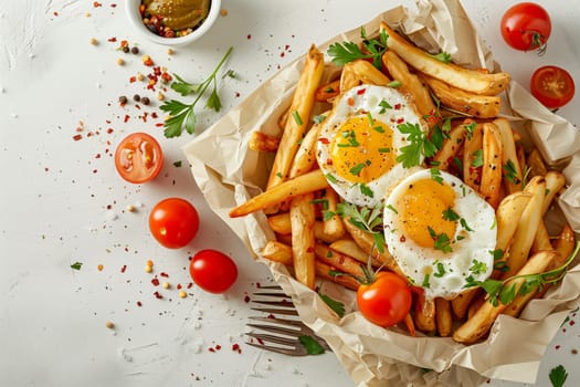 A plate filled with crispy french fries, topped with fried eggs and fresh tomatoes.