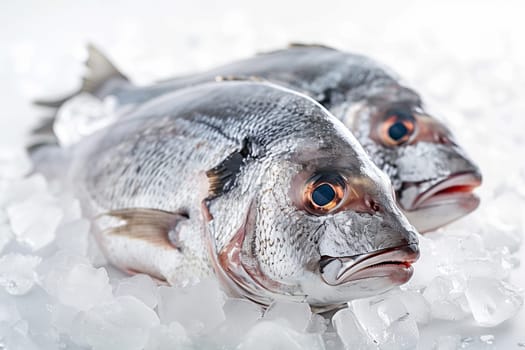 Two whole fresh sea bass lie on a bed of ice, their scales glistening in the light.