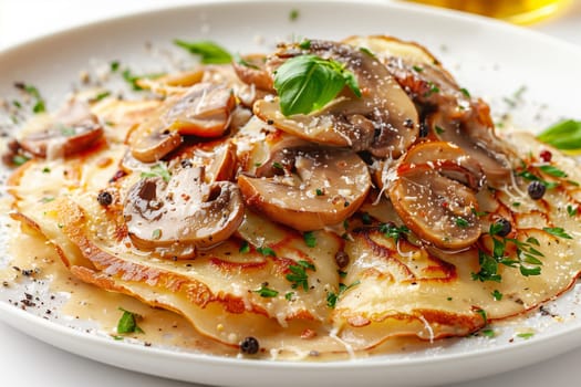 A close-up view of savory crepes topped with sauteed mushrooms and a creamy sauce, garnished with fresh herbs.