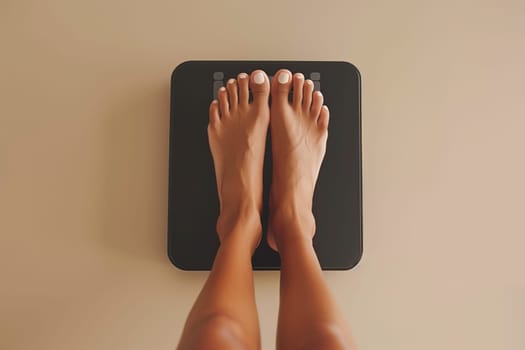 A person is standing on a scale with their feet placed on it, checking their weight.