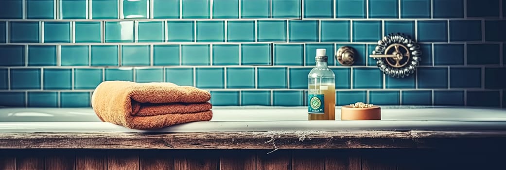 A bathroom basin adorned with a shampoo bottle and a neatly folded towel resting atop it, adding a touch of functionality and cleanliness to the scene.