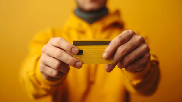 A man wearing a bright yellow jacket is holding a yellow card in his hand.