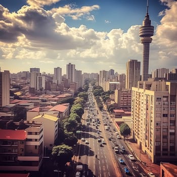 A city street with a tall building in the background. The sky is cloudy and the sun is shining