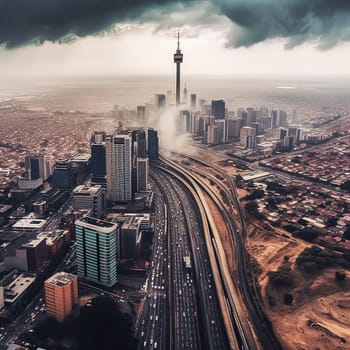 A city with a tall tower in the middle and a highway running through it. The sky is cloudy and the city appears to be in the middle of a storm