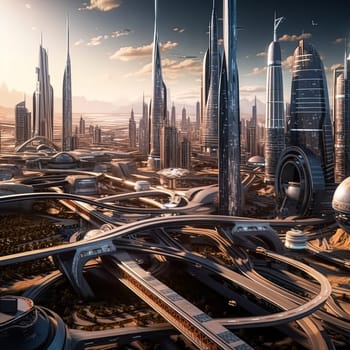 A futuristic cityscape with many tall buildings and a bridge. The sky is cloudy and the sun is setting